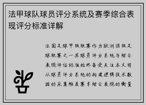 法甲球队球员评分系统及赛季综合表现评分标准详解