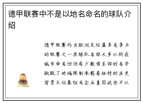 德甲联赛中不是以地名命名的球队介绍
